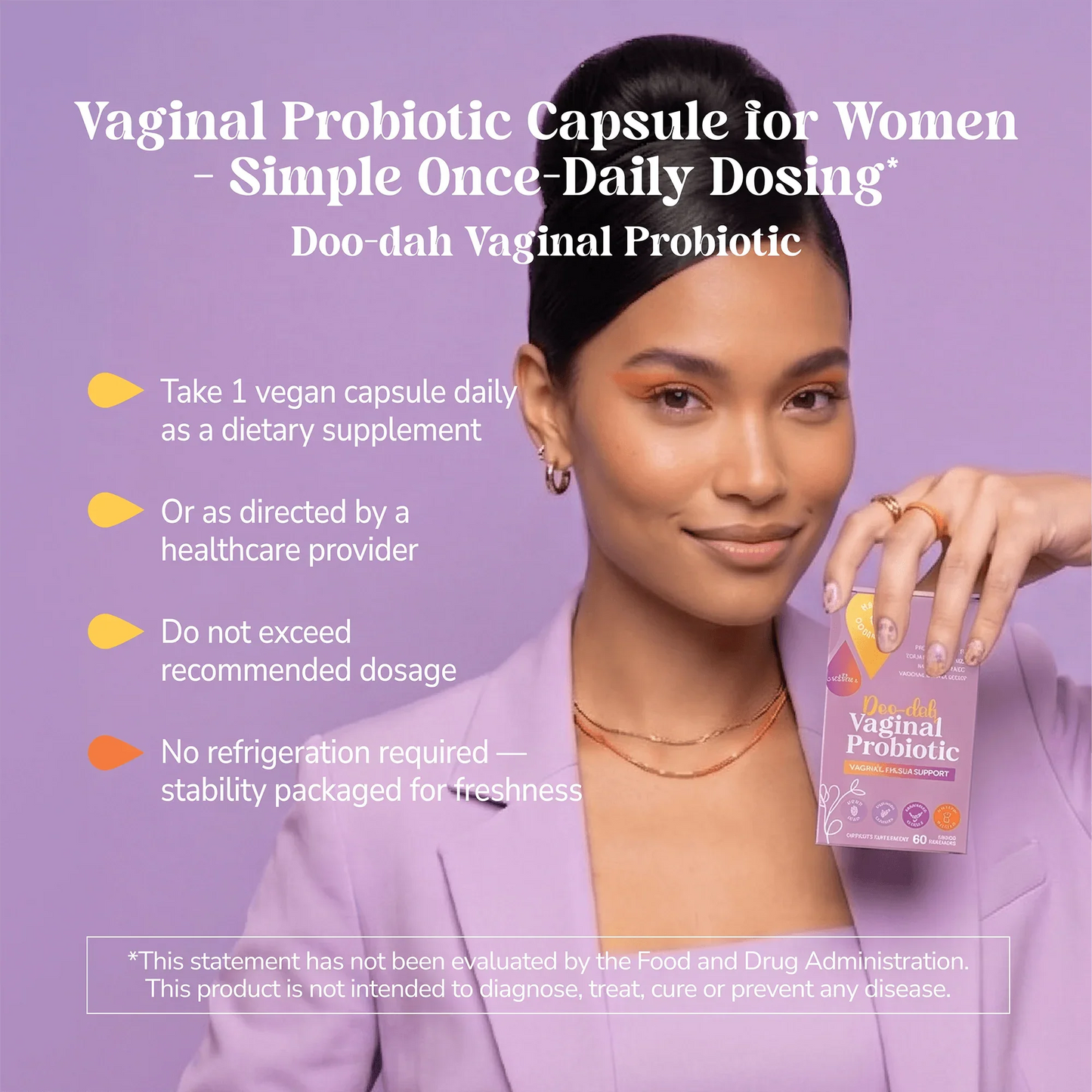 Woman smiling and holding the Kalos & Splendor Doo-Dah Vaginal Probiotic box with a product advertisement overlay and product directions