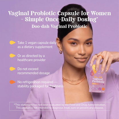 Woman smiling and holding the Kalos & Splendor Doo-Dah Vaginal Probiotic box with a product advertisement overlay and product directions