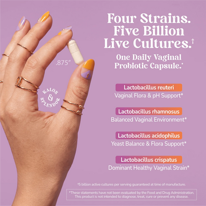 Hand holding a Kalos & Splendor Doo-Dah Vaginal Probiotic supplement with text about product benefits on a pink background