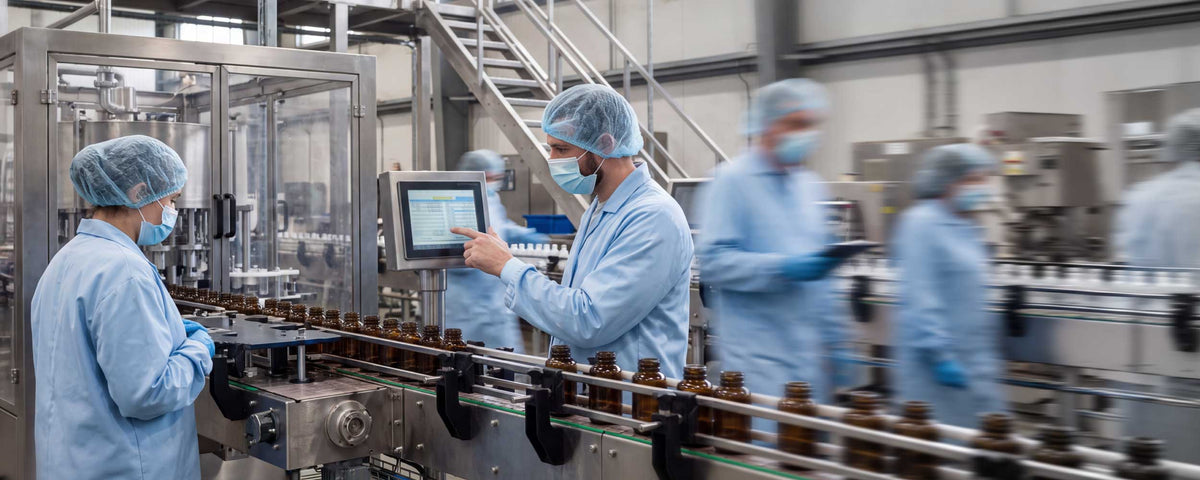 Workers in light blue cleanroom uniforms, hairnets, and face masks operate a touchscreen monitor on a beverage bottling production line with amber glass bottles.