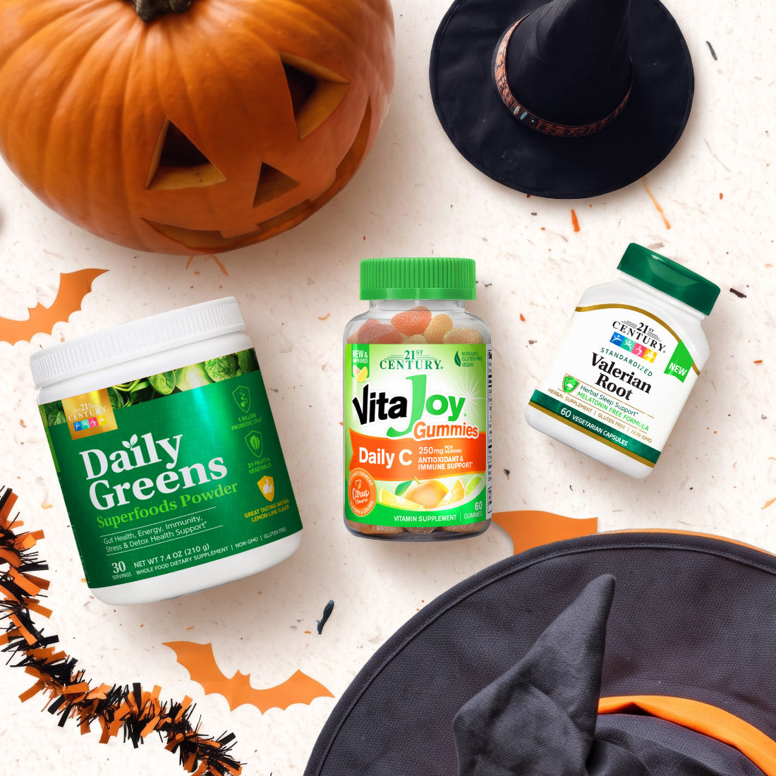 Top view image of 21st Century HealthCare products in a Halloween setting