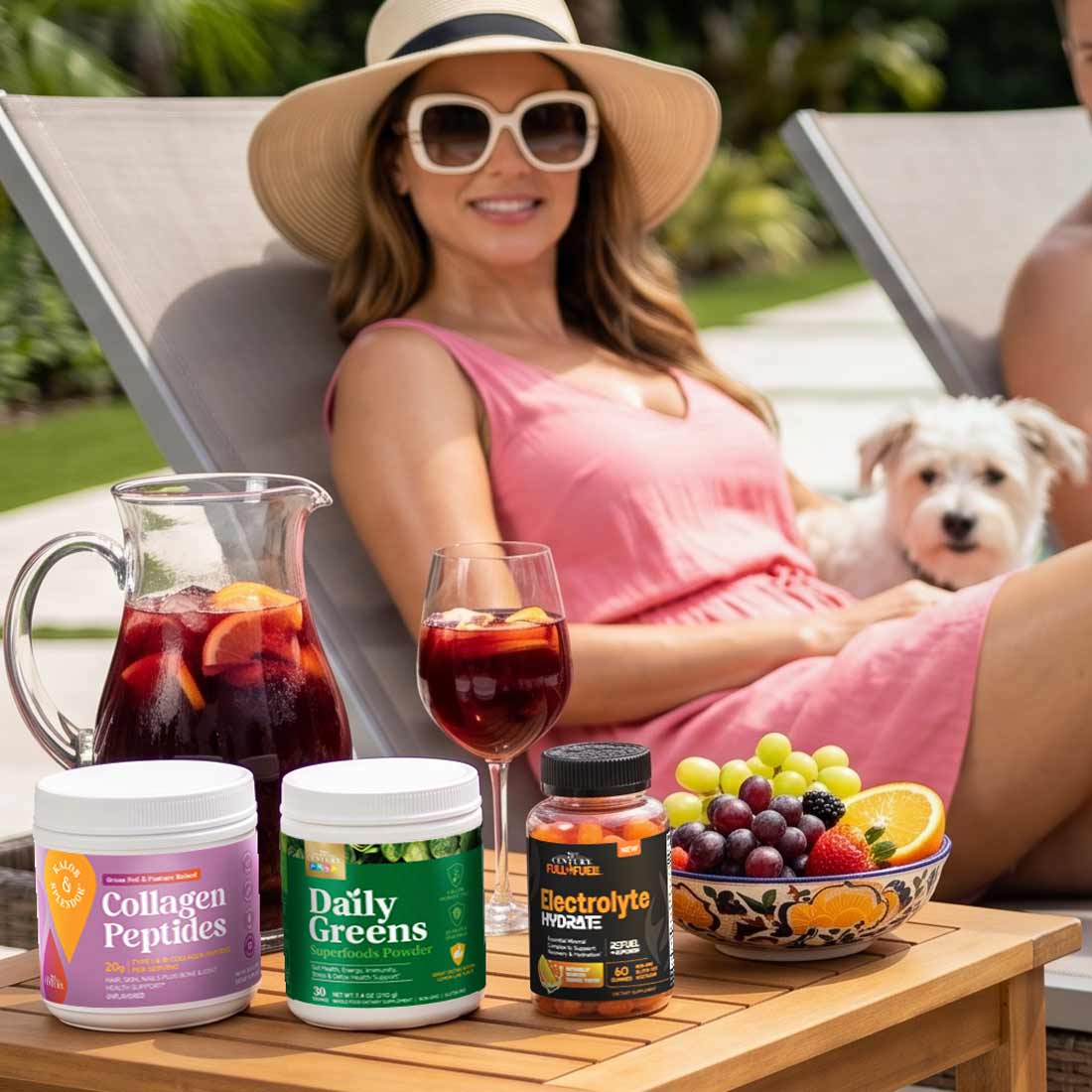 Woman in a pink dress sitting outdoors with a glass of red wine, surrounded by health supplements and a bowl of fruit.