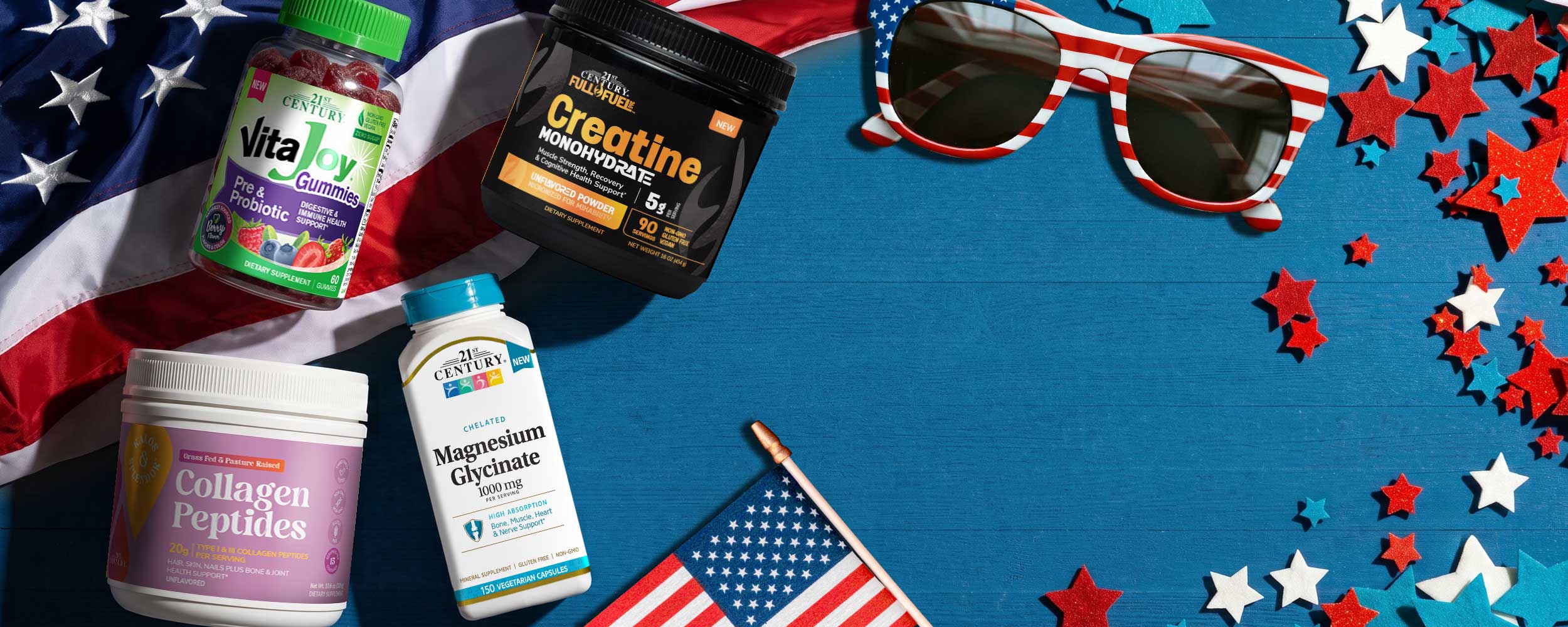 Supplement products with American flag and patriotic decorations on a blue background