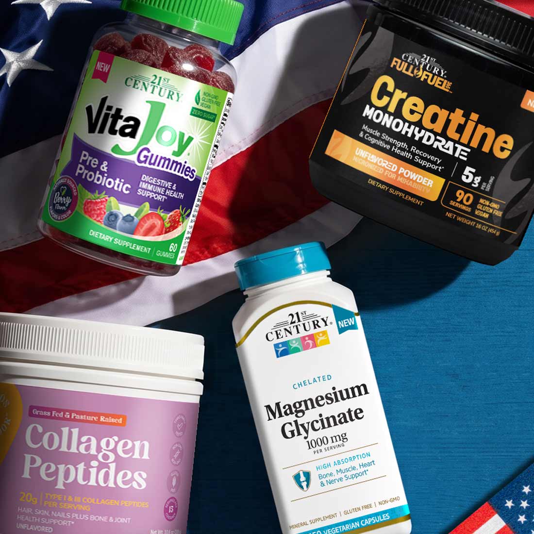 Supplement products including VitaJoy Gummies, 21st Century Creatine Monohydrate, and Collagen Peptides on an American flag background.