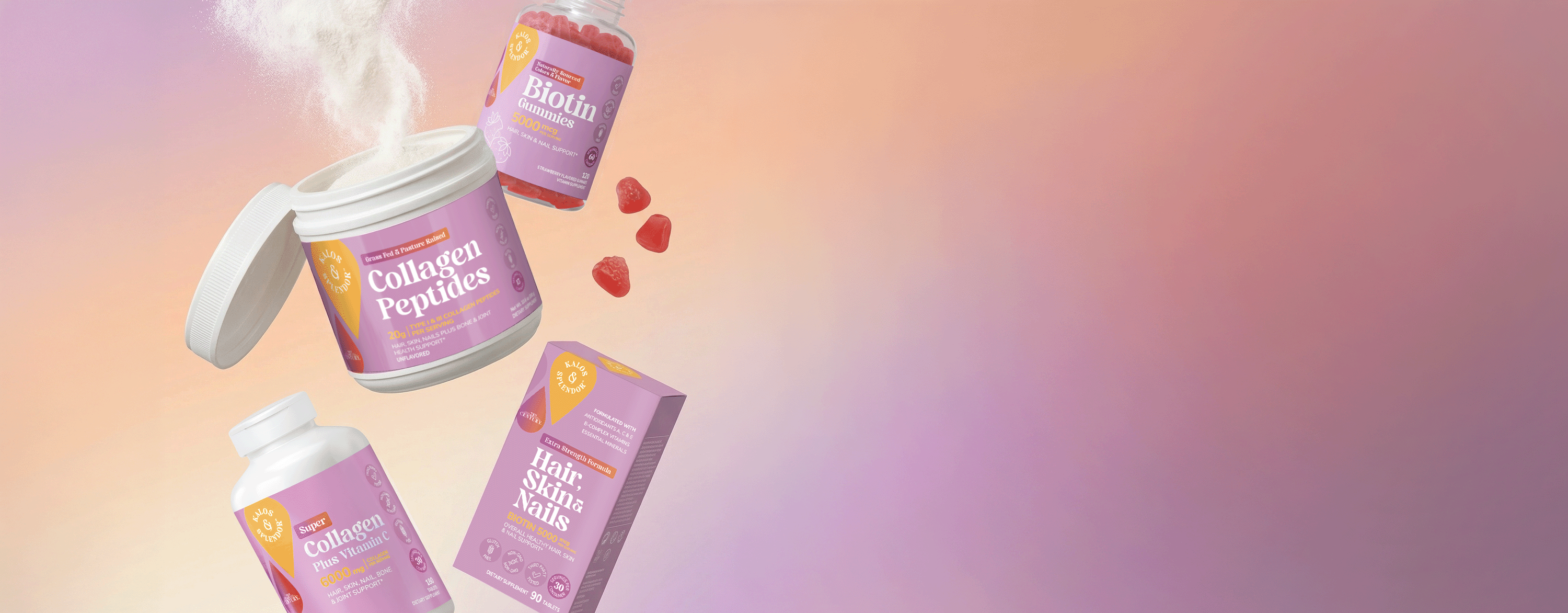 Three Kalos & Splendor supplement products floating against a soft pink-to-purple gradient background.