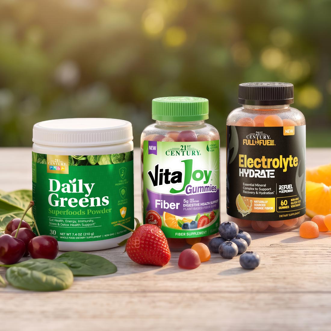 Three bottles of 21st Century supplements (Daily Greens, VitaJoy Fiber, and Electrolyte Hydrate) arranged on a wooden table outdoors with fresh fruits like strawberries, blueberries, and oranges, set against a blurred background of a backyard grill.