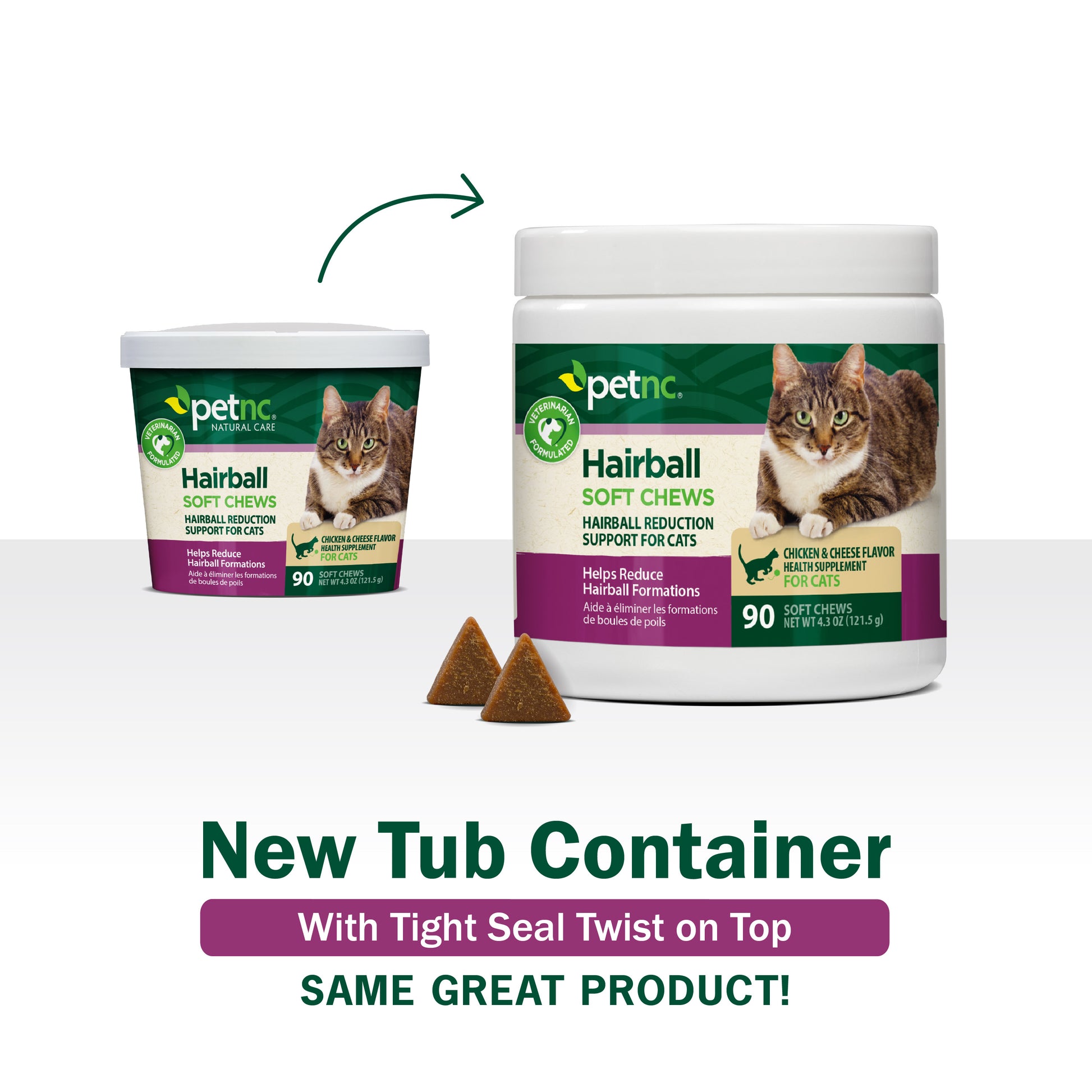 PetNC Hairball Soft Chews packaging with a new tub container design on a white background