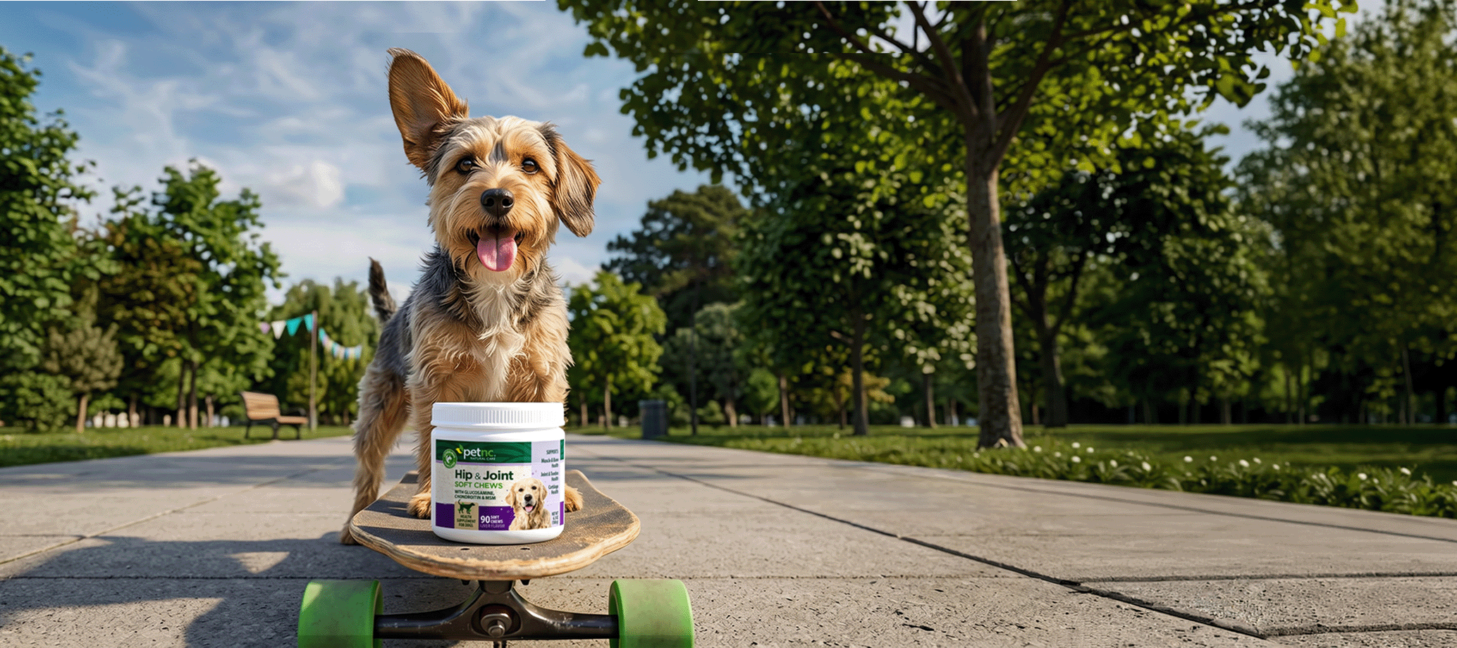 Dog on a skateboard with Petnc Hip & Joint soft chews surrounded by greenery