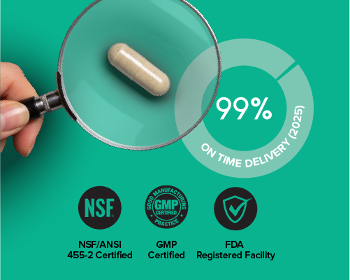 Certification icons with a hand holding a magnifying glass looking at a pill.