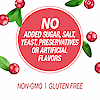 A graphic image with cranberries and cranberry leaves with the words no added sugar, salt, yeast, preservatives or artificial flavors, non-GMO and gluten free.