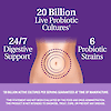 A graphic of a woman's stomach with the words 20 billion live probiotic cultures, 24/7 digestive support, and 6 probiotic strains.