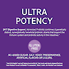 A graphic icon with the words ultra potency, 24/7 digestive support, advanced probiotic combines 6 distinct, synergistically beneficial probiotic strains that support the immune system and probiotic activity in the intestines, gluten free, no added sugar, salt, yeast, preservatives, artificial flavors or colors.