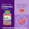 A graphic image with a bottle of 21st Century Melatonin 5 mg gummies, two gummies, strawberry graphics and the words sleep support, in 2 delicious strawberry flavored gummies.