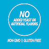 A graphic icon with the words no added yeast or artificial flavors, non-GMO and gluten free.