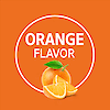 A graphic icon with an orange and two orange sliced with the words orange flavor.