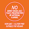 A graphic icon with no added sugar, salt, yeast, preservatives or artificial flavors, non-GMO, gluten free and suitable for vegans.