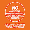 A graphic icon with the words no added sugar, yeast, preservatives, artificial flavors or colors, non-GMO, gluten free and suitable for vegans.