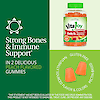 A graphic image with A bottle of 21st Century VitaJoy Daily D3 50 mcg gummies, two gummies, vitamin d3 icon graphic and the words strong bones and immune support, in 2 delicious peach flavored gummies.