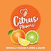 A graphic icon with an orange, half a lime, and a lemon slice with the words citrus flavors, naturally sourced flavors and colors.
