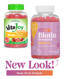 A bottle of 21st Century VitaJoy Biotin 5000 mcg gummies.