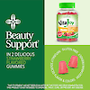 A graphic image with A bottle of 21st Century VitaJoy Biotin 5000 mcg gummies, two gummies, beauty icon graphic and the words beauty support, in 2 delicious strawberry flavored gummies.