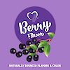 A graphic icon with elderberry fruit and leaves with the words berry flavor, naturally sourced flavors and color.