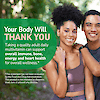 An image of a man with his arms on the solder of a woman in workout clothes in an outdoor setting with the claim your body will thank you and taking a quality adult daily multivitamin can support overall immune, bone, energy and heart health for overall wellness.