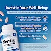 A bottle image of Sentry Mens with adult multivitamin tablet coming out of the top and the claims invest in your well being, essential nutrients for men's daily health, daily men's multi support for overall wellness, formulated with vitamins and minerals for the unique needs of men, and delivers key nutrients for men.