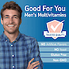An image of a man wearing a plaid shirt, a trusted quality seal, the copy good for you men's multivitamin and the nutrient claims no artificial flavors, no yeast, gluten free and non-gmo.