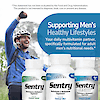 An image of a man on a mountain bike with his hand in the air making a fist with trees in the background, a bottle of sentry adults, sentry men and sentry senior, and the claim supporting men's healthy lifestyles, your daily multivitamin partner, specifically formulated for adult men's nutritional needs.