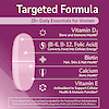An image of a sentry women tablet, the copy targeted formula 25+ daily essentials for women, and claims vitamin d3, bone and immune health, b-6, b-12, folic acid converts food into cellular energy, biotin hair skin and nails, calcium bone health, vitamin e antioxidant to support cellular health and immune function.