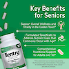 An image of sentry senior multivitamin tablet with the copy targeted formula 25+ daily essentials for seniors and claims vitamin c and e, powerful antioxidants that support immune function and protect against oxidative stress, b-vitamins b-6, b-12, folic acid supports heart health and energy metabolism, calcium and vitamin d3 essential for maintaining bone health, and lutein and vitamin a supports eye health and age related vision.