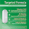 An image of sentry senior multivitamin tablet with the copy targeted formula 25+ daily essentials for seniors and claims vitamin c and e, powerful antioxidants that support immune function and protect against oxidative stress, b-vitamins b-6, b-12, folic acid supports heart health and energy metabolism, calcium and vitamin d3 essential for maintaining bone health, and lutein and vitamin a supports eye health and age related vision.
