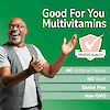 An image of a senior man laughing with his hands point to a trusted quality seal, the copy good for you multivitamins and the nutrient claims no artificial flavors, no yeast, gluten free and non-gmo.
