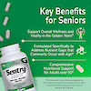 A bottle image of sentry senior adults 50+ with multivitamin tablets coming out of the top, the copy key benefits for seniors and claims support overall wellness and vitality in the golden years, formulated specifically to address nutrient gaps that commonly occur with age, and comprehensive nutritional support for adults over 50.