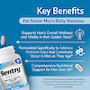 A bottle image of 21st century sentry senior men's 50+ with a multivitamin tablet coming out of the top, copy key benefits for senior men's daily wellness and claims, supports men's overall wellness and vitality in their golden years, formulated specifically to address nutrient gaps that commonly occur in men as they age, and comprehensive nutritional support for men over 50