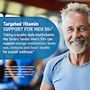 A close up image of a senior man in a restaurant smiling and the claims targeted vitamin support for men 50+, and taking a quality multivitamin like sentry senior men's 50+ can support energy metabolism, bone, eye, immune and heart health for overall wellness.