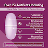 An image of sentry senior 50+ tablet, the copy over 25+ nutrients including these daily essentials for senior women, the claims vitamin d3 bones, teeth and immune health, b-vitamins b-6, b-12, folic acid, supports heart health and energy metabolism, calcium bone health, magnesium bone and muscle health.