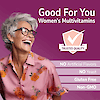 An image of a senior woman laughing, a quality seal, and the nutrient claims no artificial flavors, no yeast, gluten free and non-gmo.