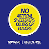 A graphic image with the words no artificial sweeteners, colors or flavors, non-GMO and gluten free.