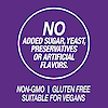 a graphic icon with the words no added sugar, yeast, preservatives or artificial flavors, non-GMO, gluten free and suitable for vegans.
