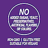 A graphic icon with the words no added sugar, yeast, preservatives, artificial flavors or colors, non-GMO, gluten free and suitable for vegans.
