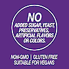 A graphic icon with the words no added sugar, yeast, preservatives, artificial flavors or colors, non-GMO, gluten free and suitable for vegans.