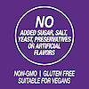 A graphic icon with the words no added sugar, salt, yeast, preservatives or artificial flavors, non-GMO, gluten free and suitable vegans.