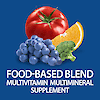 A graphic image of a tomato, grapes, orange slice and broccoli with the words food-based blend multivitamin multimineral supplement