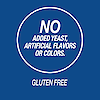 A graphic icon image with the words no added yeast, artificial flavors or colors and gluten free.