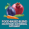A graphic of a pomegranate, carrot, pea pod and egg plant with the words food-based blend multivitamin multimineral supplement.