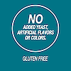 A graphic icon with the words no added yeast, artificial flavors or colors and gluten free.