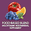 A graphic image of a tomato, grapes, orange slice and broccoli with the words food-based blend multivitamin multimineral supplement.