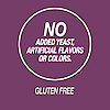 A graphic icon image with the words no added yeast, artificial flavors or colors and gluten free.